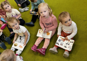 Dzieci siedzą na zielonym dywanie trzymają książki i oglądają obrazki.