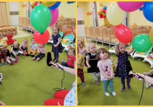 Dzieci oglądają eksperyment z balonami i suszarką.