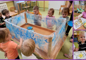 Dzieci malują farbami na folii.