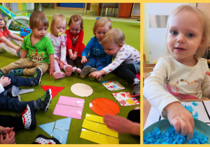 Dzieci siedzą na dywanie, poznają różne kształty: koło, trójkąt, kwadrat.