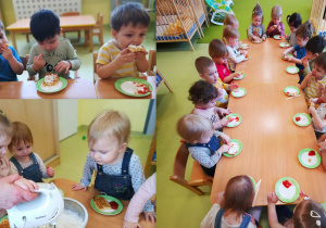 Dzieci siedzą przy stolikach, smarują dżemem i bitą śmietaną gofry, które później jedzą ze smakiem.