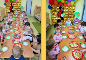Oluś z dziećmi siedzi przy stolikach podczas urodzinowego poczęstunku.