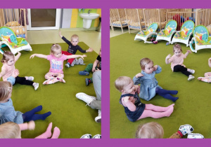 Dzieci biorą udział w gimnastycznych zabawach na dywanie.