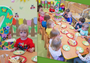Olaf siedzi z dziećmi przy stole podczas urodzinowego poczęstunku.