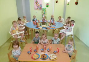 Dzieci siedzą wspólnie przy urodzinowym stole.