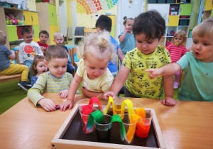 Dzieci obserwują eksperyment z mieszaniem kolorów.