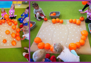 Dzieci przyklejają pomarańczowe baloniki na dużym szarym papierze na którym narysowany jest kształt dyni.