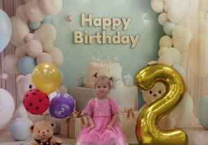 Róża pozuje do pamiątkowego zdjęcia, obok stoją balony i cyfra dwa.