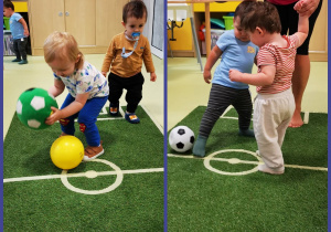 Chłopcy turlają i kopią piłkę na sztucznej trawie w sali.