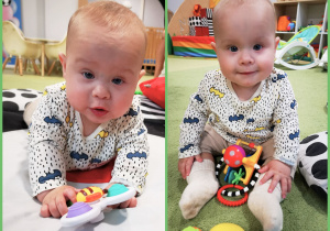 Leon leży na macie na brzuchu. Leon próbuje samodzielnie siedzieć