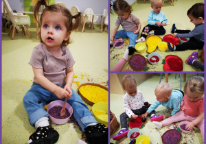 Dzieci siedzą na podłodze, przesypują ryż do pudełek w kształcie owoców.