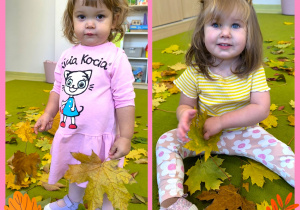 Na dywanie wysypane są kolorowe liście. Dzieci podrzucają, łapią , układają na dywanie liście.