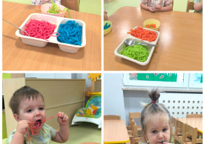 Dzień makaronu. Dzieci siedzą przy stole i jedzą kolorowy makaron.