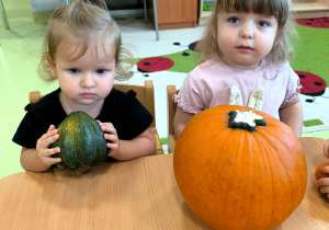 Dwie dziewczynki siedzą przy stoliku i każda z nich trzyma w rączkach dynie. dzieci oglądają i dotykają dynie.