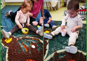 Kaja i Tadej przesypują ryż i chrupki do miseczek przy użyciu rąk, łyżeczek, kubków i miseczek.