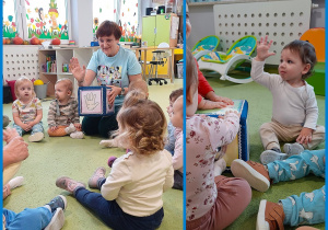 Dzieci siedzą w kole, opiekunka rzuca dużą kostką z obrazkami części ciała. Dzieci wskazują na sobie wylosowany element.