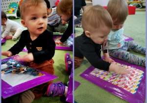 Dzieci bawią się tablicami sensorycznymi, wypełnionymi materiałami o różnych fakturach.