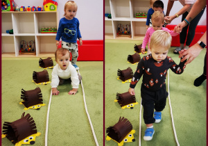 Dzieci chodzą wzdłuż ścieżki zrobionej z liny. Obok spacerują papierowe jeże.