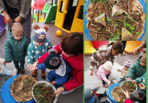 Dzieci z pomocą opiekunek robią gniazdo dla ptaków wykorzystując patyczki, liście i szary papier.