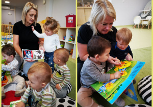 Dzieci słuchają opowiadanych bajek, oglądają obrazki w książeczkach.