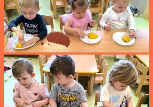 Dzieci siedzą przy stoliku. Każde ma na talerzyku połwę gruszki w którą wbija wykałaczki tworząc jeża.