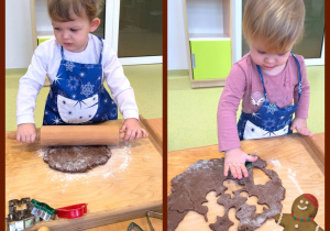 Dzieci stoją przy stoliku i za pomocą foremek wycinają pierniczki.