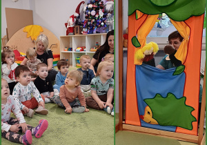 Dzieci słuchają opowiadania o rodzinie przedstawionego w formie teatrzyku lalkowego.