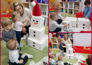 Dzieci próbują układać bałwanka z kartonowych pudełek ozdobionych białym papierem.