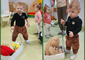 Dzieci ciągną za sznurek pudełka imitujące sanki z misiami.