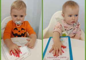 Dzieci odbijają dłonie w farbie na laurce dla Babci i Dziadka.