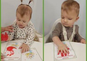 Dzieci odbijają dłonie w farbie na laurce dla Babci i Dziadka.