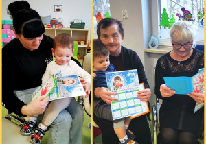 Dzieci wręczają babciom upominki z okazji Dnia Babci i Dziadka.