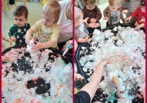 Dzieci bawią się lodem zabarwionym kolorowymi farbnikami.