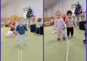 Dzieci spacerują po linie ćwicząc równowagę.