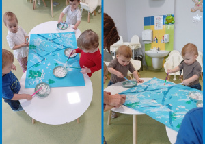 Dzieci malują farbami zimowy krajobraz.