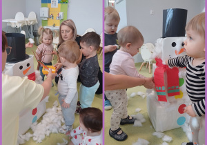 Dzieci wyklejają watą bałwana zbudowanego z pudełek.