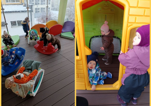 Dzieci spędzają czas na żłobkowym tarasie.