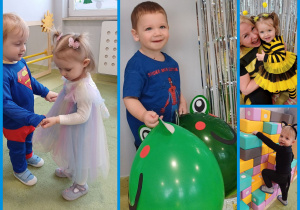 Dzieci bawią się na sali przy rytmach muzyki.