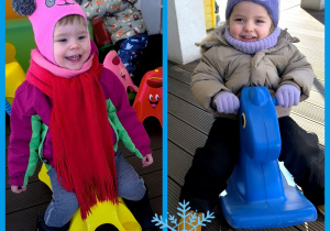 Hania i Natalka bujają się na bujakach na żłobkowym tarasie.