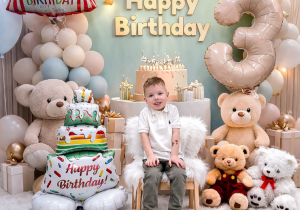 Stasio pozuje do pamiątkowego zdjęcia z okazji urodzin.