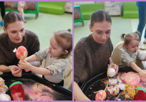 Dziewczynka z mamą dekoruje styropianowe jajka.